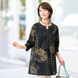 つむぎ調牡丹柄ゆったりチュニック