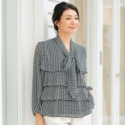 千鳥格子プリントボウタイブラウス