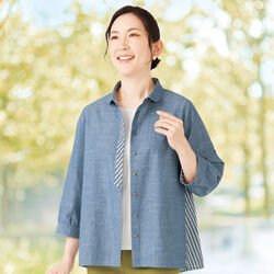 綿100ストライプ切替デザインブラウス