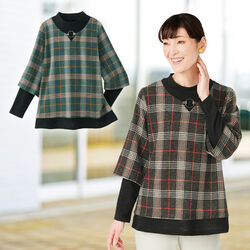 格子柄重ね着風プルオーバー
