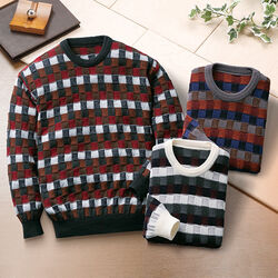 タスマニアンウール100％格子柄ジャカードセーター