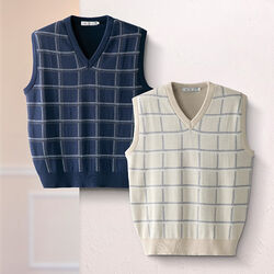 エムアイジェイ 日本製綿混格子柄Vベスト