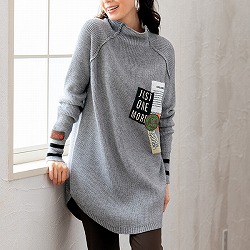 パッチワーク付ざっくりチュニックセーター